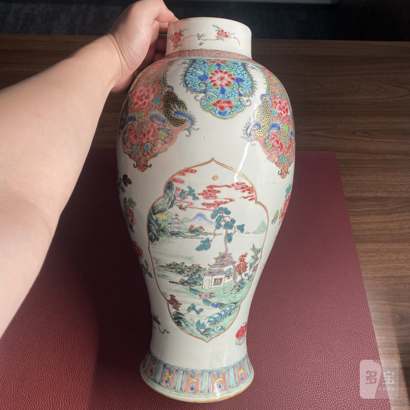 清雍正 粉彩花卉开光山水图盖罐 - 图6